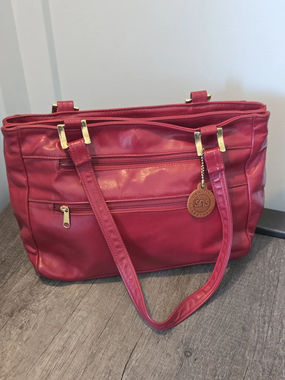 Vintage SAS Diane Leather Shoulder Bag Double Straps Front Zip Red Made in USA